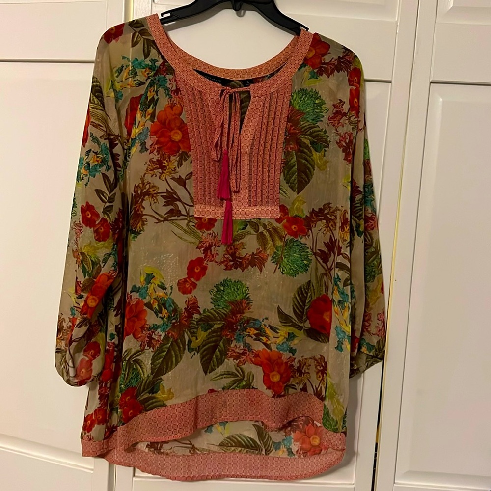 Investments size large blouse in reds, pinks, green,yellow and brown